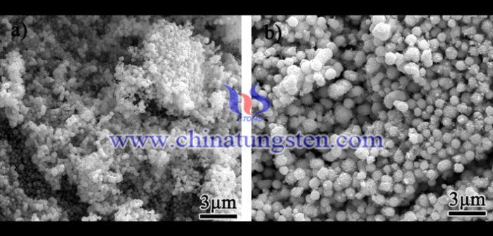 醇溶劑為乙醇時不同時間下氧化鎢納米球粒子的SEM形貌照片