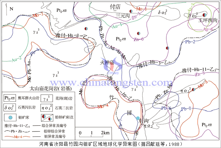 河南省汝陽縣竹園溝鉬礦區域地球化學異常圖