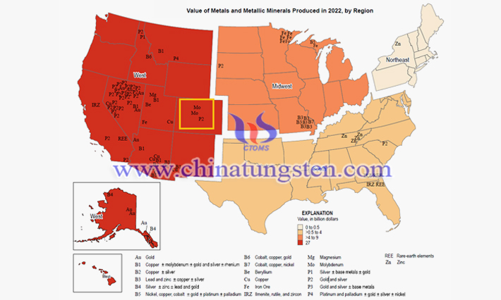 美國礦産産量地區分布圖