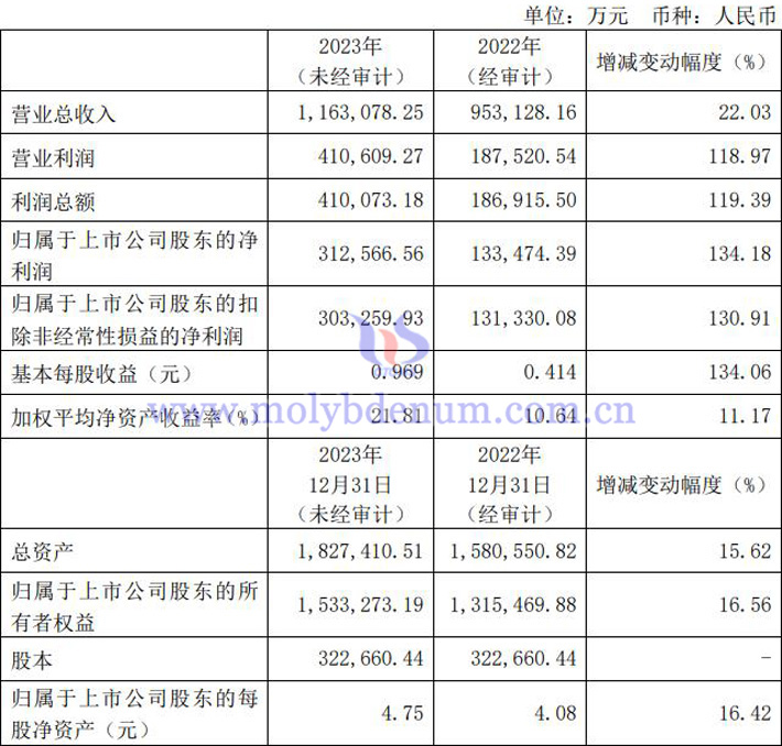 金鉬股份2023年業績報告圖片