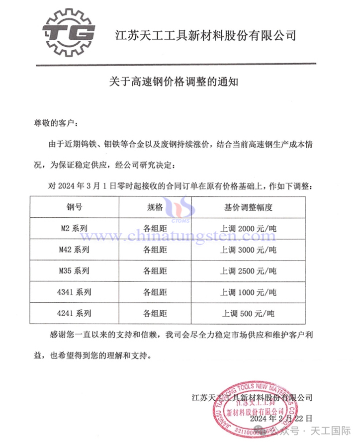 江蘇天工工具新材料股份有限公司漲價通知函