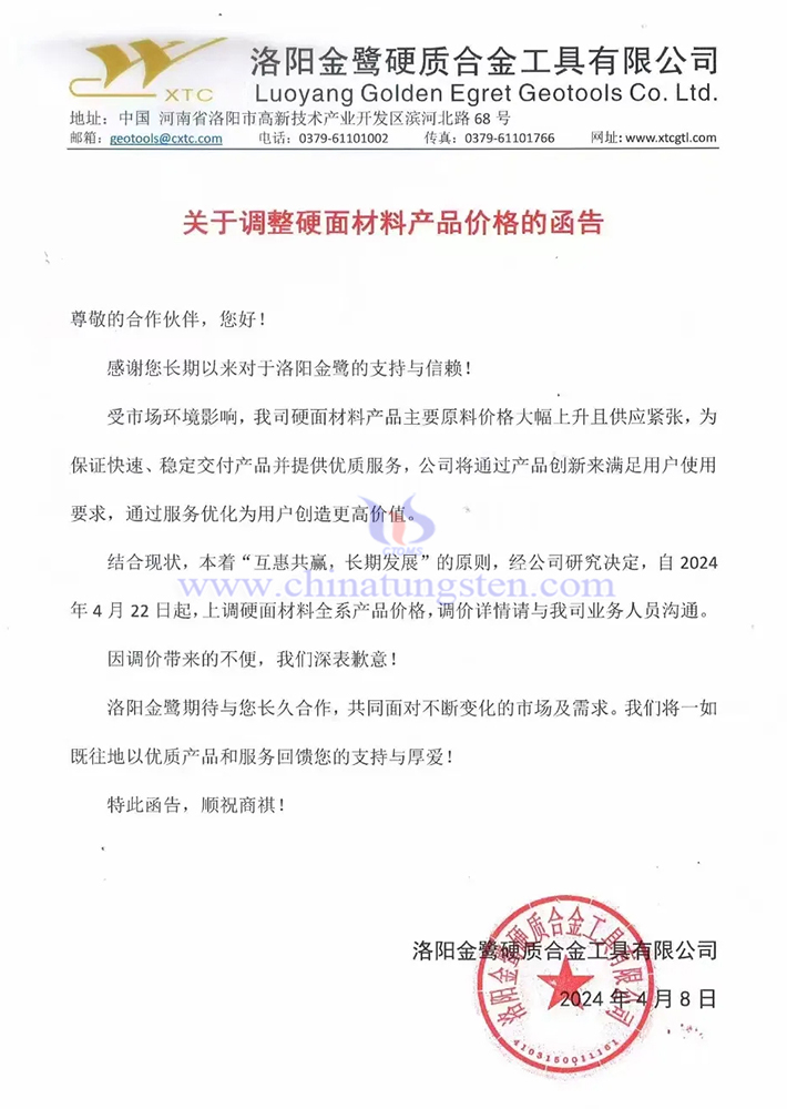 洛陽金鷺硬質合金工具有限公司漲價通知函